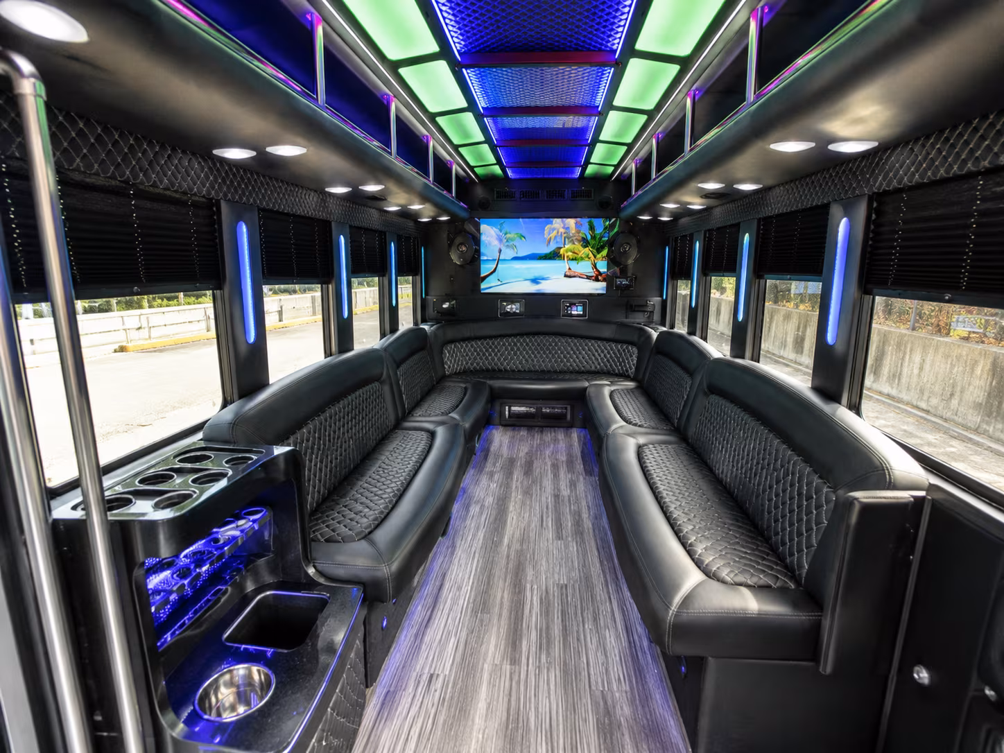 auburn 18 passenger party bus inside