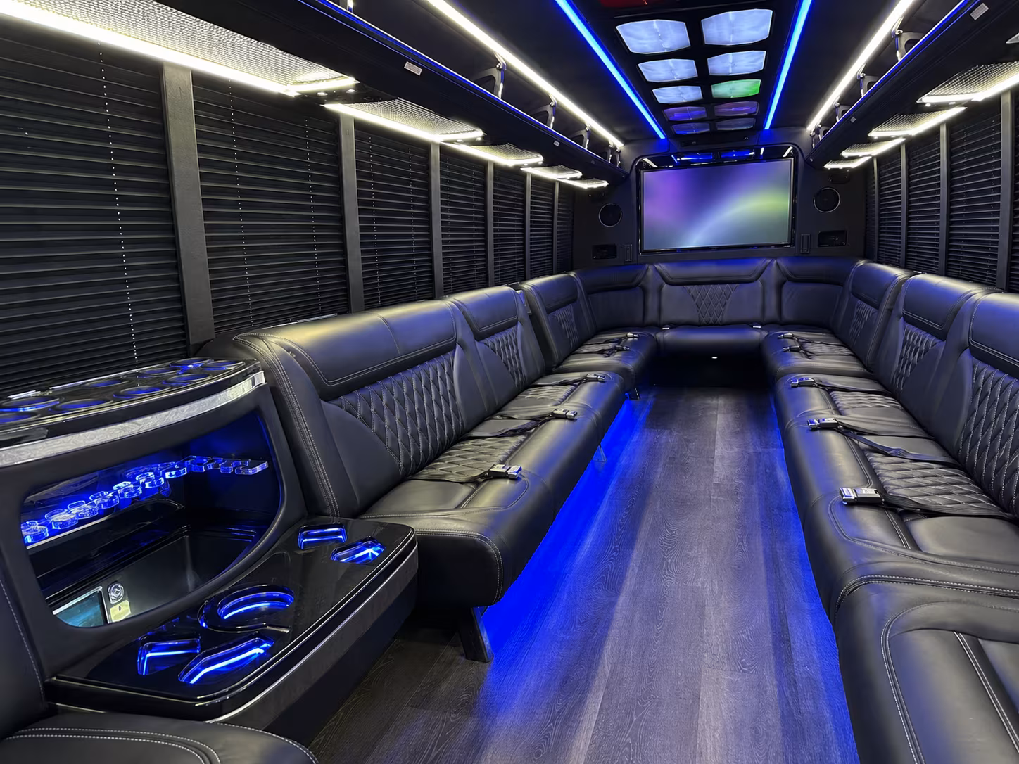 auburn 20 passenger party bus inside