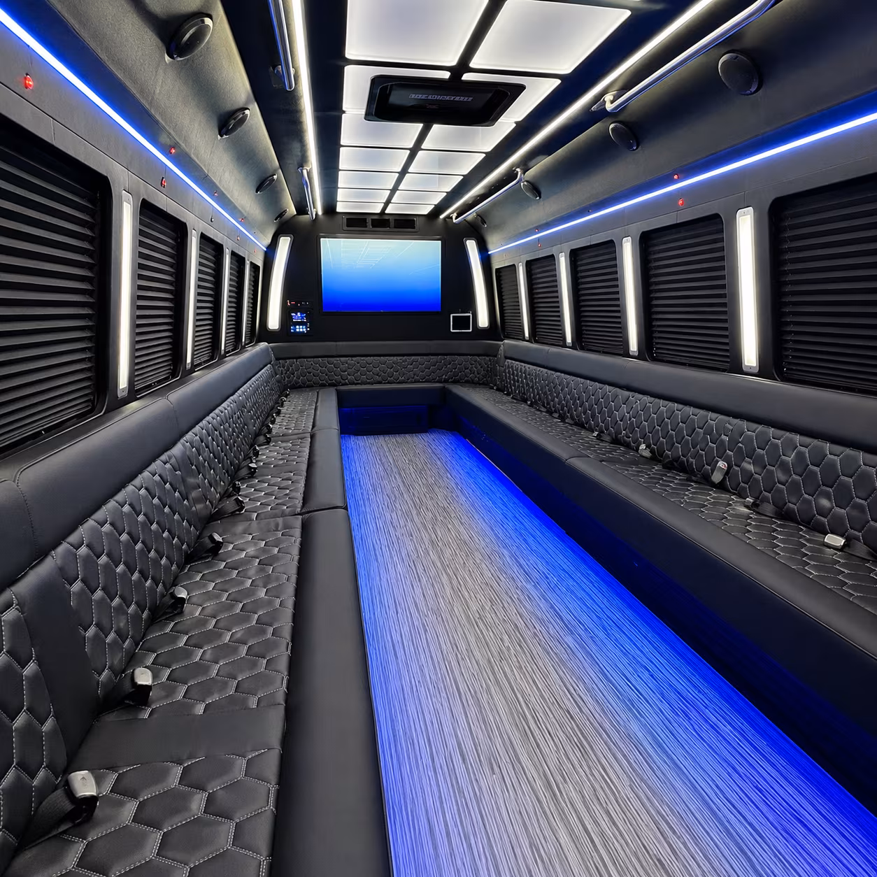 auburn 50 passenger party bus inside